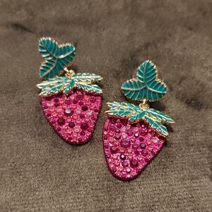 BaubleBar SugarFix Pink Strawberry Earrings with Green Leaves